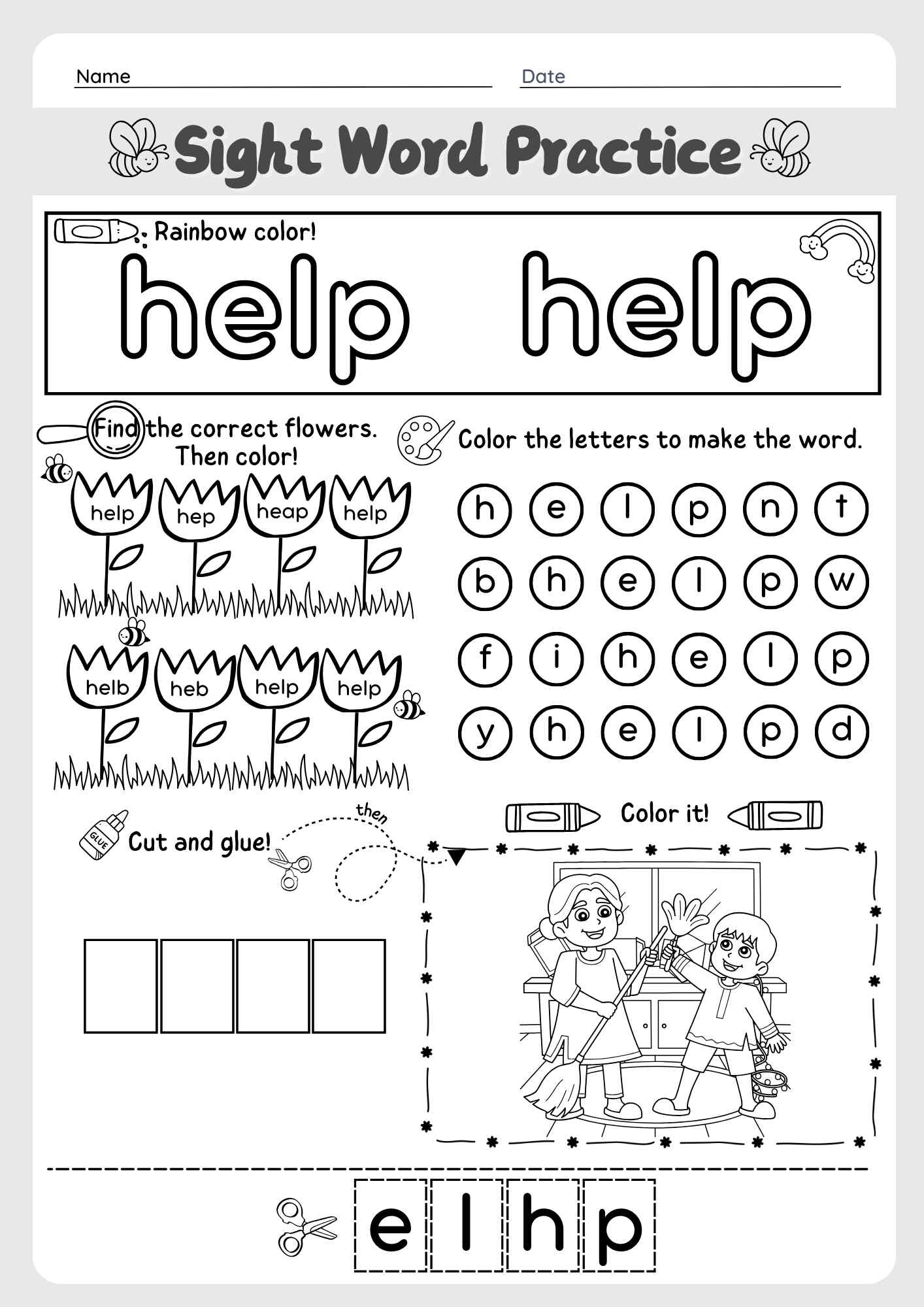 The Word "Help" Sight Word Cut and Paste Worksheet for Early Learners Pre K